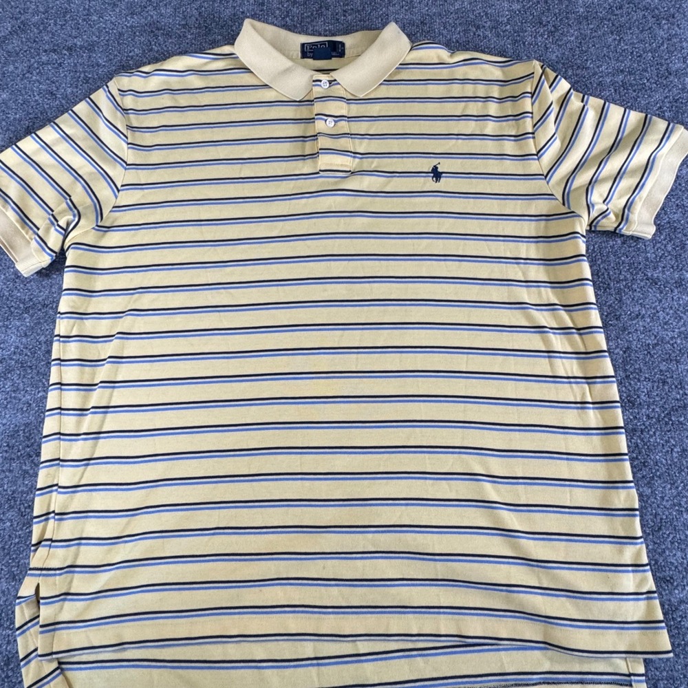 Polo Ralph Lauren Polo Shirt Mens XL Striped Cotton Classic Fit Yellow Vintage